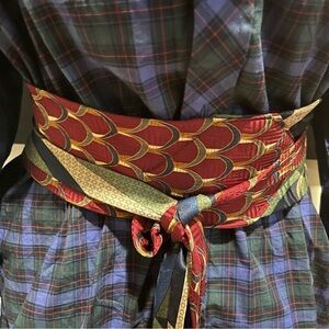 Elegant burgundy, green and Gold Patterned obi style Women's Belt. Unique.